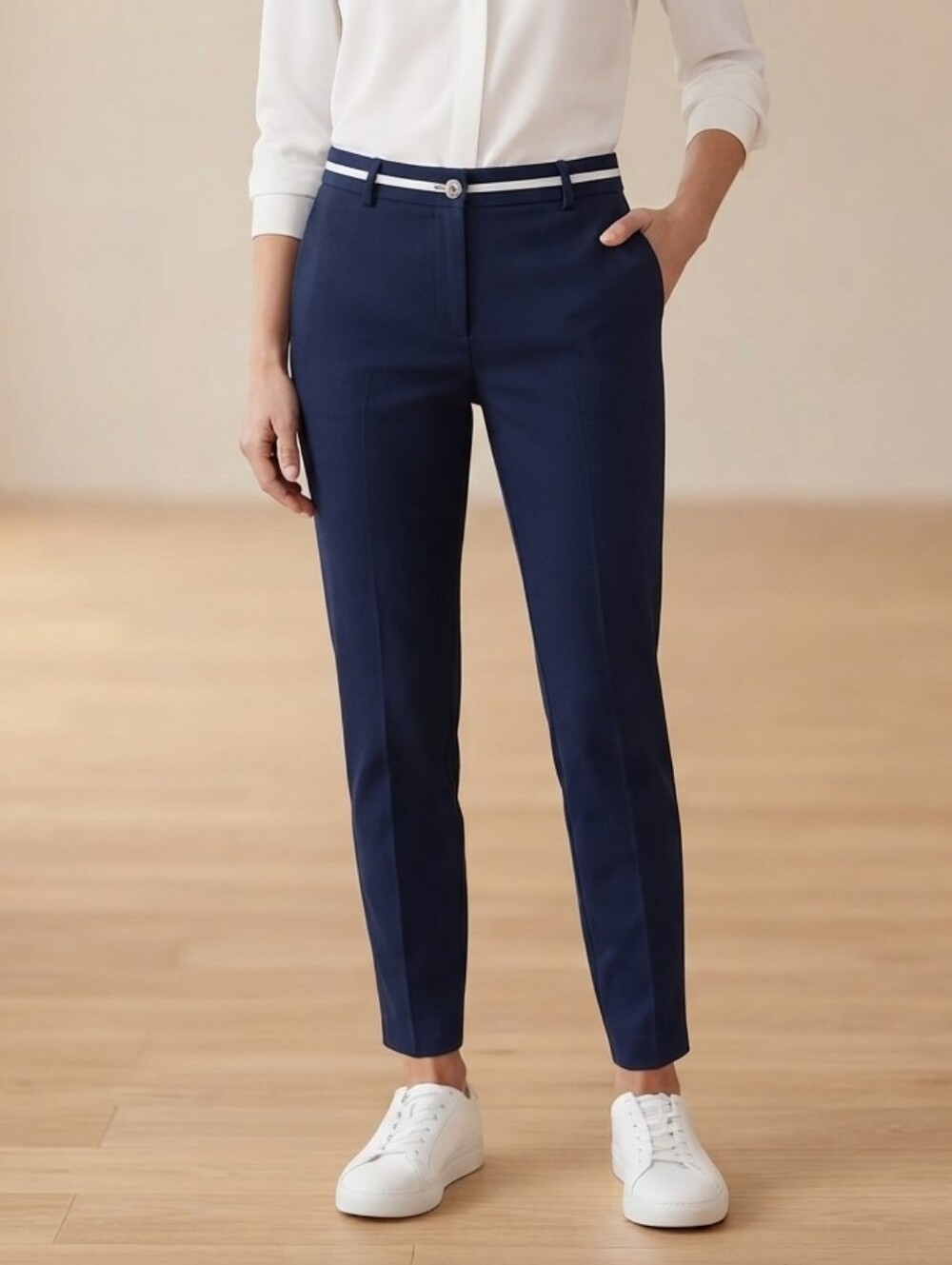 Adrianna Papell Woman's Navy Slim Ankle Pants Contrast Striped Waist Band Sz 10